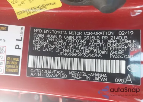 2019 Toyota Corolla Se из США, поврежденный, VIN JTNK4RBEXK3044255